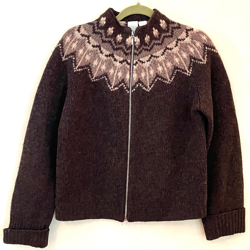 Fair Isle Brown Wool Cardigan Full Zip Sweater  M